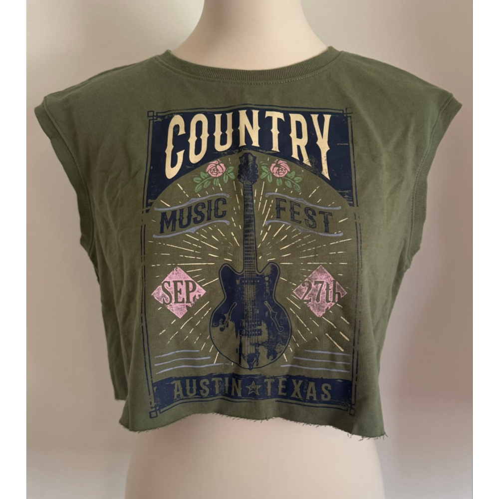 Women's Mighty Fine Crop Top Size S Green Graphic Tee